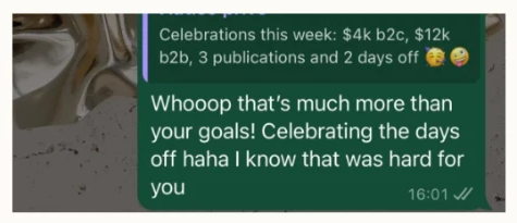 Client WhatsApp review: $4k B2C, $12k B2B, 3 publications and 2 days off